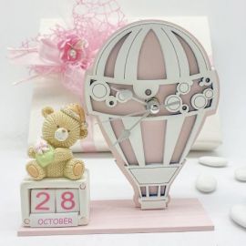 OROLOGIO MONGOLFIERA CON CALENDARIO E ORSETTO BOMBONIERA BATTESIMO UNICA