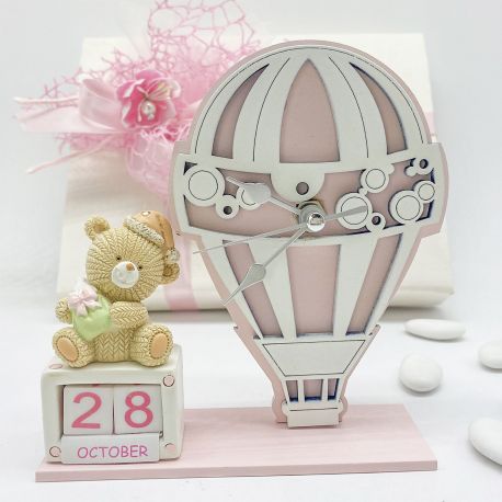 OROLOGIO MONGOLFIERA CON CALENDARIO E ORSETTO BOMBONIERA BATTESIMO UNICA