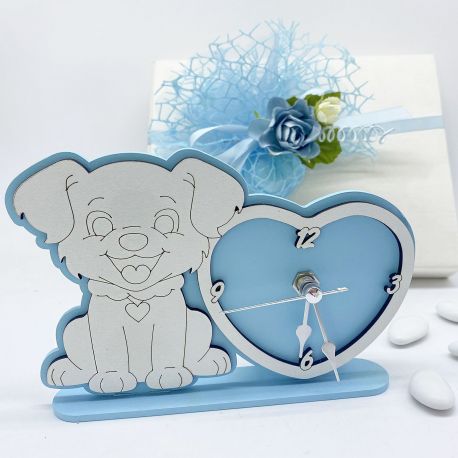 OROLOGIO BATTESIMO CON CAGNOLINO E CUORE BOMBONIERA UNICA IN LEGNO CELESTE E BIANCO PER BIMBO