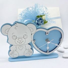 OROLOGIO CON ORSETTO E CUORE IN LEGNO CELESTE E BIANCO BATTESIMO BIMBO