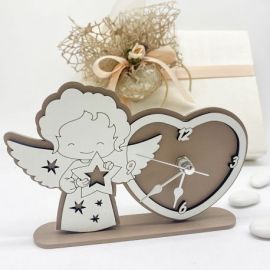 OROLOGIO BATTESIMO CON ANGIOLETTO E CUORE BOMBONIERA ORIGINALE IN LEGNO BIANCO E TORTORA