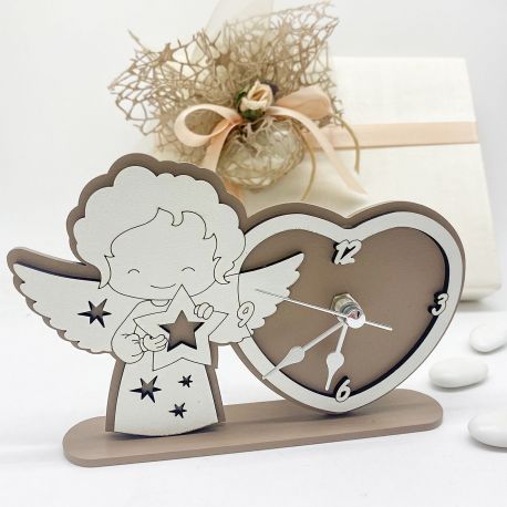OROLOGIO BATTESIMO CON ANGIOLETTO E CUORE BOMBONIERA ORIGINALE IN LEGNO BIANCO E TORTORA
