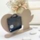 OROLOGIO BATTESIMO CON ANGIOLETTO E CUORE BOMBONIERA ORIGINALE IN LEGNO BIANCO E TORTORA
