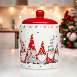BISCOTTIERA CON GNOMI ABBRACCIATI ROSSO E ARGENTO NATALE 2024