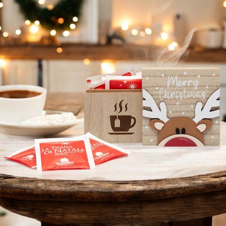 SCATOLA IN LEGNO PORTA INFUSI RENNA MERRY CHRISTMAS BABBOMATTO NATALE SOLIDALE 2024