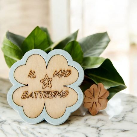 APPLICAZIONE, DECORAZIONE QUADRIFOGLIO MASCHIETTO CON SCRITTA IL MIO BATTESIMO BATTESIMO