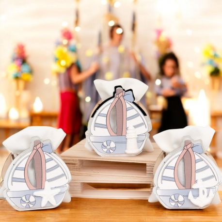 SCATOLINA A FORMA DI BARCA A VELA CON SACCHETTINO PORTA CONFETTI