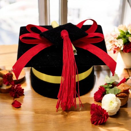 SCATOLINA PORTACONFETTI NERA TOCCO LAUREA FIOCCO ROSSO
