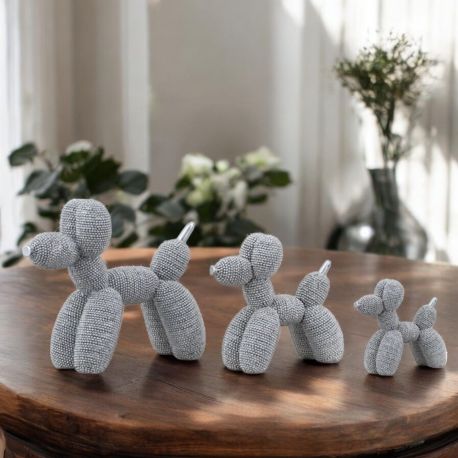 SCULTURA CANE PALLONCINO PERLINE BRILLANTI COLOR ARGENTO PER BATTESIMO E COMUNIONE