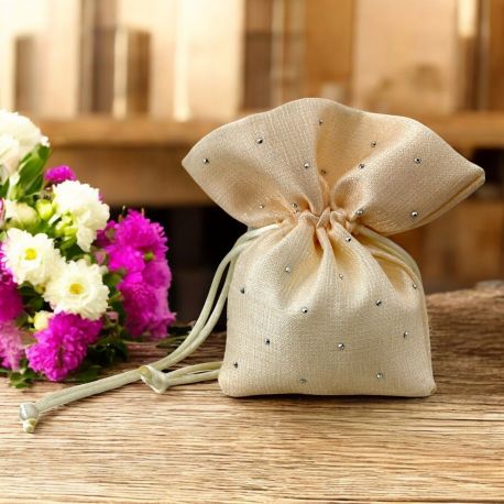 SACCHETTINI PORTACONFETTI PALLA IN RASO PANNA CON STRASS PER CERIMONIE SPECIALI