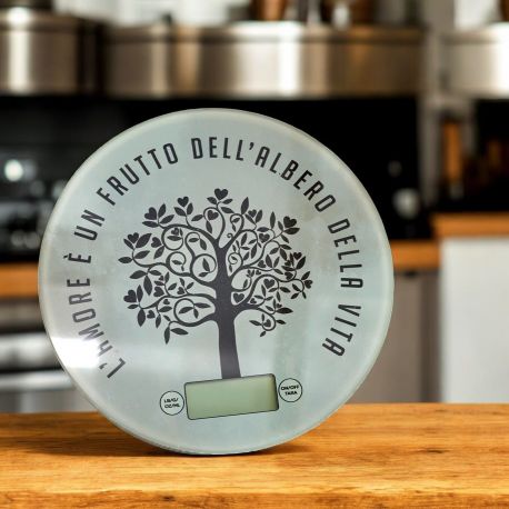 BILANCIA PESA ALIMENTI CON ALBERO DELLA VITA E SCRITTA "L'AMORE È UN FRUTTO DELL'ALBERO DELLA VITA" PER MATRIMONIO