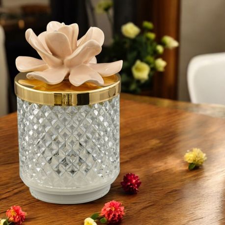 LAMPADA LED EFFETTO DIAMANTE COPERCHIO CON FIORE CAPODIMONTE ROSA