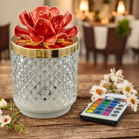 LAMPADA LED EFFETTO DIAMANTE CON COPERCHIO CON FIORE ROSSO CAPODIMONTE
