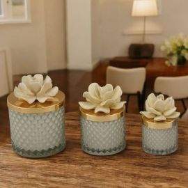 CANDELA VETRO EFFETTO DIAMANTE CON COPERICHIO FIORE CAPODIMONTE VISONE