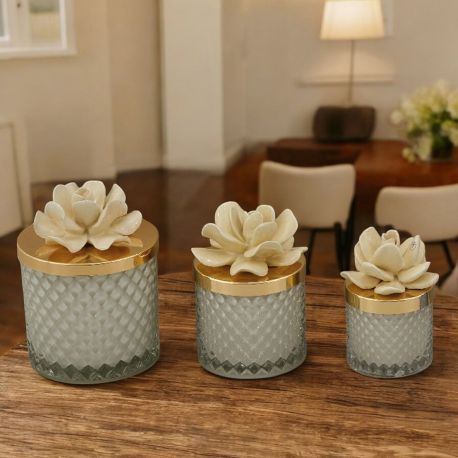 CANDELA VETRO EFFETTO DIAMANTE CON COPERICHIO FIORE CAPODIMONTE VISONE