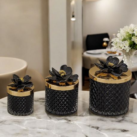 CANDELA IN VETRO DIAMANTE CON FIORE ELEGANTE IN STILE COLOR ORO E NERO