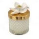 CANDELA IN VETRO DECORATA CON FIORE BIANCO E COPERCHIO DORATO