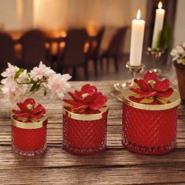 Visualizza ingrandito Precedente CANDELA VETRO EFFETTO DIAMANTE CON FIORE ROSSO E ORO BOMBONIERE ELEGANTE EVENTO CANDELA VETRO 