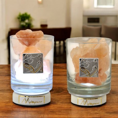 LAMPADA LED SALE ROSA HIMALAYA CON NUMERO 25° BOMBONIERE NOZZE ARGENTO