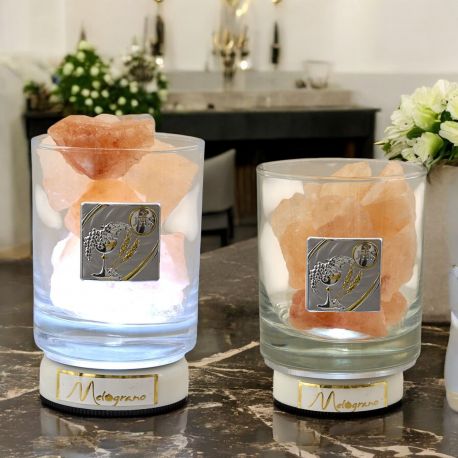 LAMPADA CON SALE HIMALAYA CON PLACCHETTA SIMBOLI SACRI PRIMA COMUNIONE