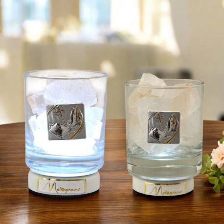 LAMPADA LED SALE HIMALAYANO BIANCO E PLACCHETTA SANTA CRESIMA