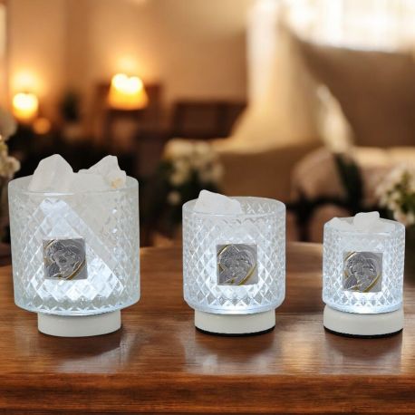 LAMPADA LED EFFETTO DIAMANTE CON SALE DELL'HIMALAYA E IMMAGINE SACRA FAMIGLIA