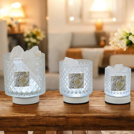 LAMPADA LED EFFETTO DIAMANTE CON SALE HIMALAYA BIANCO E PLACCHETTA ARGENTATA - COMUNIONE