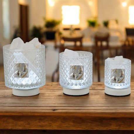 LAMPADA LED EFFETTO DIAMANTE CON SALE HIMALAYA E SIMBOLI SACRI CRESIMA