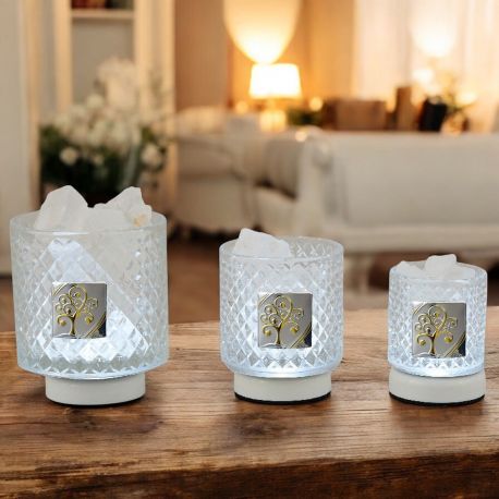 LAMPADA LED EFFETTO DIAMANTE CON SALE HIMALAYA BIANCO E ALBERO DELLA VITA CON PARTICOLARI ORO