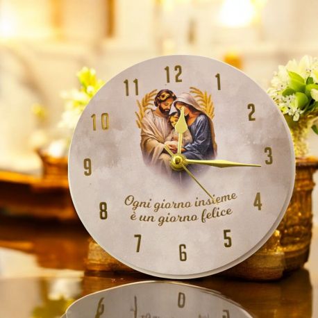 OROLOGIO TONDO CON SACRA FAMIGLIA E FRASE, BOMBONIERE BATTESIMO ORIGINALI