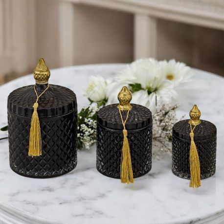 PORTA CANDELA EFFETTO DIAMOND E CANDELA NERA CON NAPPINA COLOR ORO