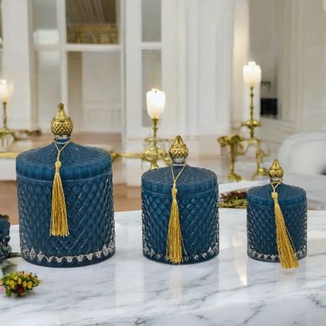 CANDELA EFFETTO DIAMANTE VERDE E ORO CON COPERCHIO E NAPPINA