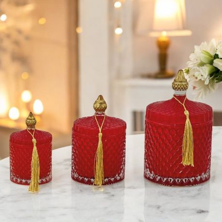 CANDELA EFFETTO DIAMANTE ROSSA E ORO CON COPERCHIO E NAPPINA ELEGANTE