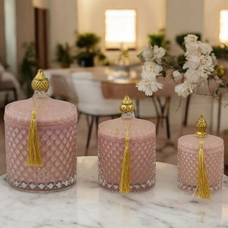 CANDELA EFFETTO DIAMANTE ROSA E ORO CON COPERCHIO E NAPPINA RAFFINATA