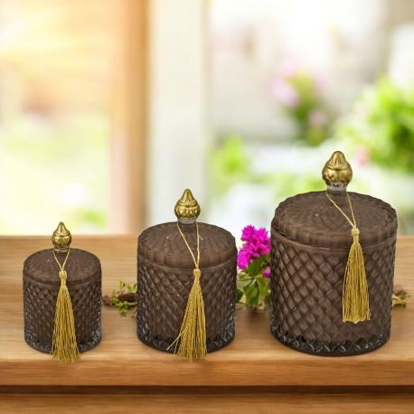 CANDELA EFFETTO DIAMANTE TORTORA E ORO CON COPERCHIO E NAPPINA RAFFINATA