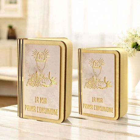 LAMPADA A FORMA DI LIBRO CON SIMBOLI DELLA COMUNIONE PER BIMBO E BIMBA