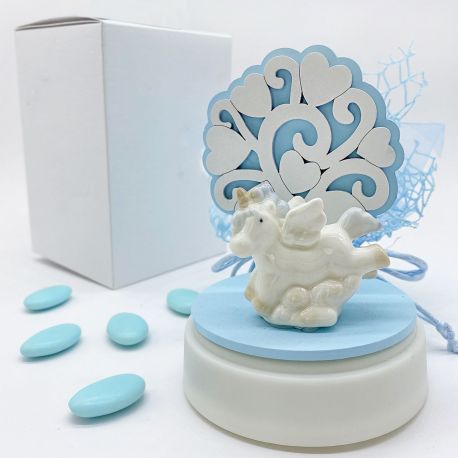 CARILLON ELETTRONICO ALBERO DELLA VITA E UNICORNO CELESTE IDEE BOMBONIERE NASCITA MASCHIETTO IDEE BATTESIMO