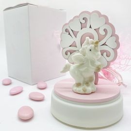 CARILLON ELETTRONICO CON UNICORNO E ALBERO DELLA VITA BOMBONIERE BATTESIMO FEMMINUCCIA CON SCATOLA LANTERNA