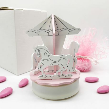 CARILLON ELETTRONICO GIOSTRINA CON CAVALLI BOMBONIERE BATTESIMO BIMBA