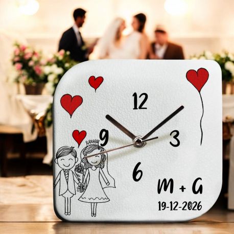 OROLOGIO IN ECOPELLE CON SPOSI E PALLONCINI A CUORE PERSONALIZZABILE PER MATRIMONIO