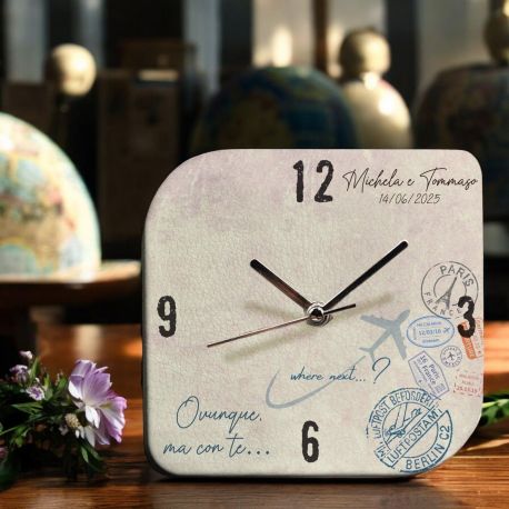 OROLOGIO PERSONALIZZABILE TEMA VIAGGIO CON AEREO IN ECOPELLE E FRASE OVUNQUE MA CON TE PER MATRIMONIO E ANNIVERSARIO