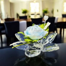 ROSELLINA CELESTE CON FIORE IN CRISTALLO, BOMBONIERE BATTESIMO MASCHIETTO