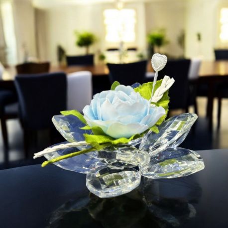 ROSELLINA CELESTE CON FIORE IN CRISTALLO, BOMBONIERE BATTESIMO MASCHIETTO