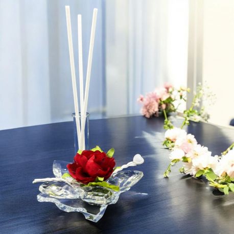 PROFUMATORE AMBIENTE CON PETALI IN CRISTALLO E ROSA ROSSA, BOMBONIERE SPECIALE EVENTO