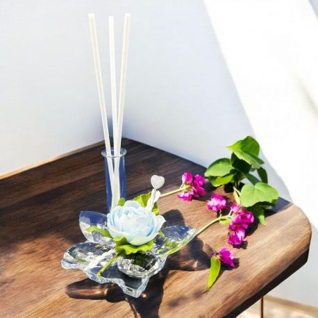 DIFFUSORE ESSENZA FIALA PORTAPROFUMO CON FIORE 5 PETALI IN CRISTALLO E ROSA CELESTE