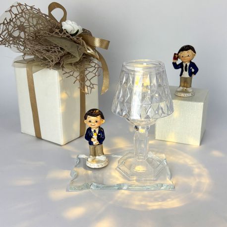 LAMPADA LED COMUNIONE CON BASE IN VETRO E STATUINA BAMBINO IDEA ORIGINALE