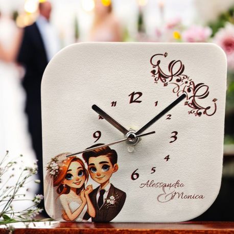 OROLOGIO ECOPELLE CON SPOSI ELEGANTI ABBRACCIATI PERSONALIZZABILE