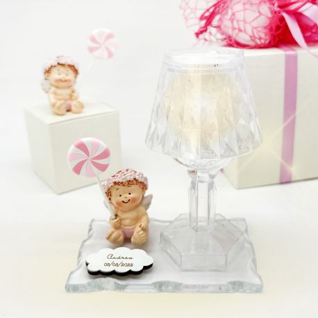LAMPADA LED CON BASE IN VETRO E STATUINA ANGIOLETTO CON CORONCINA E LECCA LECCA BATTESIMO BIMBA