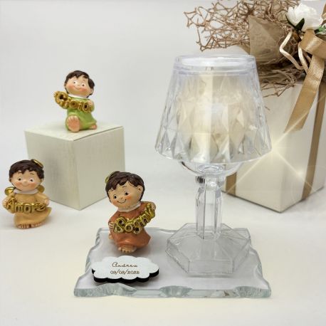 LAMPADA LED CON ANGIOLETTO E BASE IN VETRO ELEGANTE IDEA BOMBONIERA BATTESIMO COMUNIONE