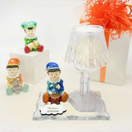 LAMPADA LED CON STATUINA JOLLY E BASE IN VETRO PER BATTESIMO E PRIMO COMPLEANNO BIMBO